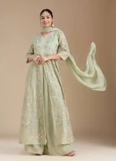 Koskii Sea Green Threadwork Georgette Readymade Salwar Suit